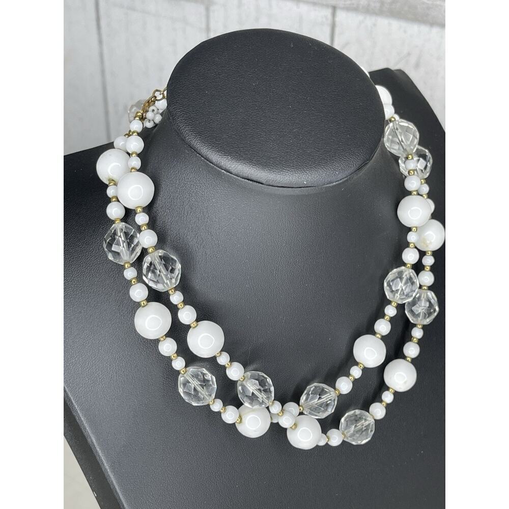 Vintage Clear White Bead Necklace Double Strand Choker Gold 50s Glam